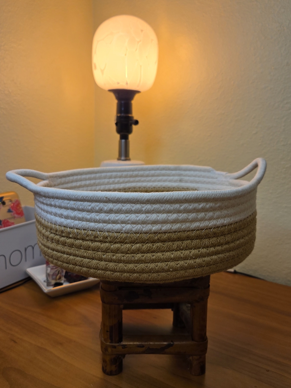 Natural & White Round Rope Basket with Handles - Storage Farmhouse Style